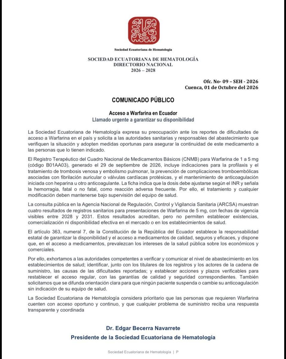 ecuainm_oficial's tweet photo. ‼️#URGENTE
La Sociedad Ecuatoriana de Hematología pidió a las autoridades sanitarias verificar el abastecimiento de warfarina y adoptar medidas para garantizar su disponibilidad, ante reportes de dificultades de acceso en el país. Solicitó identificar las causas y establecer acciones y plazos para restablecer el suministro regular. Además, pidió difundir orientación para que los pacientes no suspendan ni cambien su tratamiento anticoagulante sin indicación de su equipo de salud.
DG