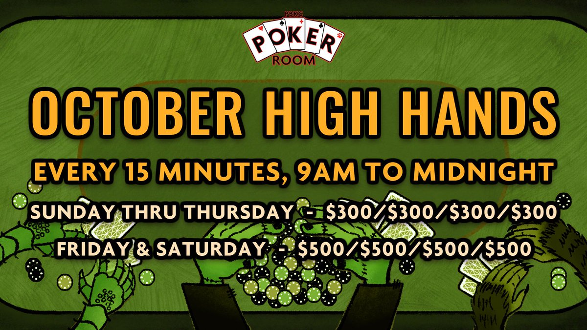 PBKennelClub's tweet photo. Monster Hands! Mega Wins! October High Hands in the Poker Room at PBKC!
Now every 15 minutes, 9am to midnight!
$15,000 cash giveaway on October 31!
Visit the Poker Room for complete rules.
#poker #pokerroom #highhands #cardroom #westpalmbeach https://t.co/RE1YJGWWj4