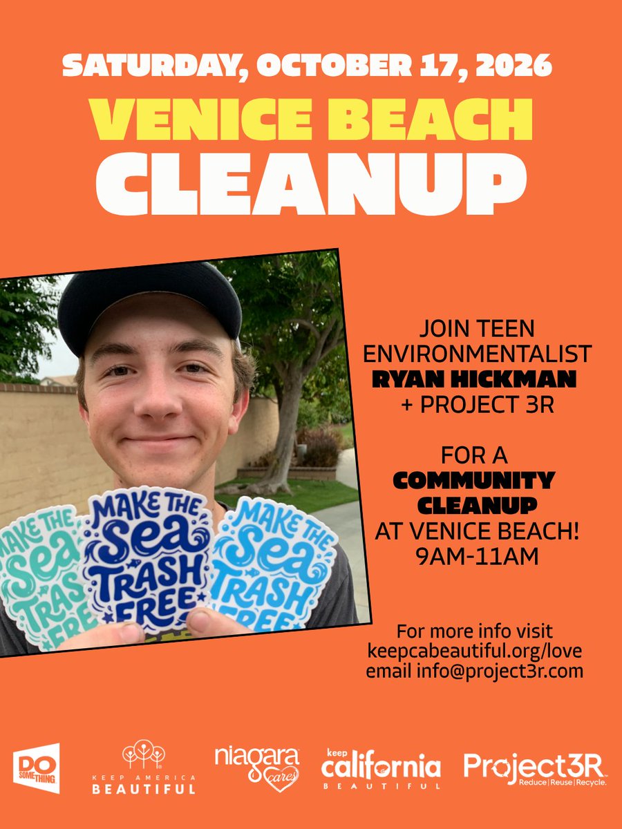 dosomething's tweet photo. 🌊 Come out and show Venice Beach some LOVE! 🌊

Join teen environmentalist @ryans_recycling and Project 3R for a community cleanup at Venice Beach!

📅 Saturday, October 17, 2026
⏰ 9AM-11AM

We've got trash grabbers, buckets, donuts, and drinks covered. Just bring yourself and your crew! 🍩

✨ BONUS for youth volunteers: earn 10 volunteer credit hours and become eligible for a $1,000 scholarship! ✨

Swipe through for all the details, then tap the link to register 👉 https://t.co/PzbVYsMtKw

Tag a friend who should come clean up with you! 👇

#LOVEVeniceBeach #DoSomething #Project3R #RyanHickman #BeachCleanup #VolunteerHours #ScholarshipOpportunity