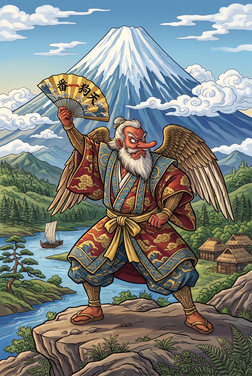 JapanYokaiColor's tweet photo. Did you know? 
The Tengu didn’t always have a red face and long nose. 
Their image changed over centuries, from mysterious mountain phenomena to the winged, long-nosed figure we recognize today.  
Tengu also became closely connected with Japanese mountain traditions and Shugendo https://t.co/2gPInKCi0y