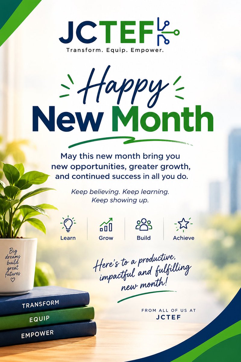 Official_jctef's tweet photo. Happy New Month from JCTEF

A new month brings new opportunities to learn, grow, connect, and make a meaningful impact.
Here’s to a month of growth, transformation, and purpose. 💙✨

Happy New Month. https://t.co/Z3ffk5kJcX