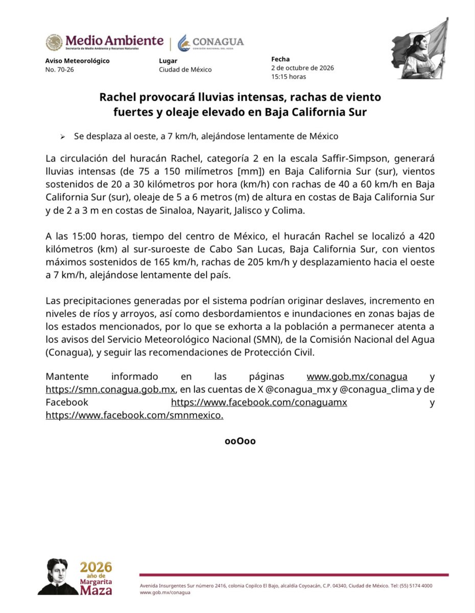 conagua_mx's tweet photo. #AvisoMeteorológico

El @GobiernoMX informa que #Rachel provocará lluvias intensas, rachas de viento fuertes y oleaje elevado en #BajaCaliforniaSur.
 
Se desplaza al oeste, a 7 km/h, alejándose lentamente de #México.

Más información: https://t.co/G9xGS5yT2g https://t.co/o10mKntiWo