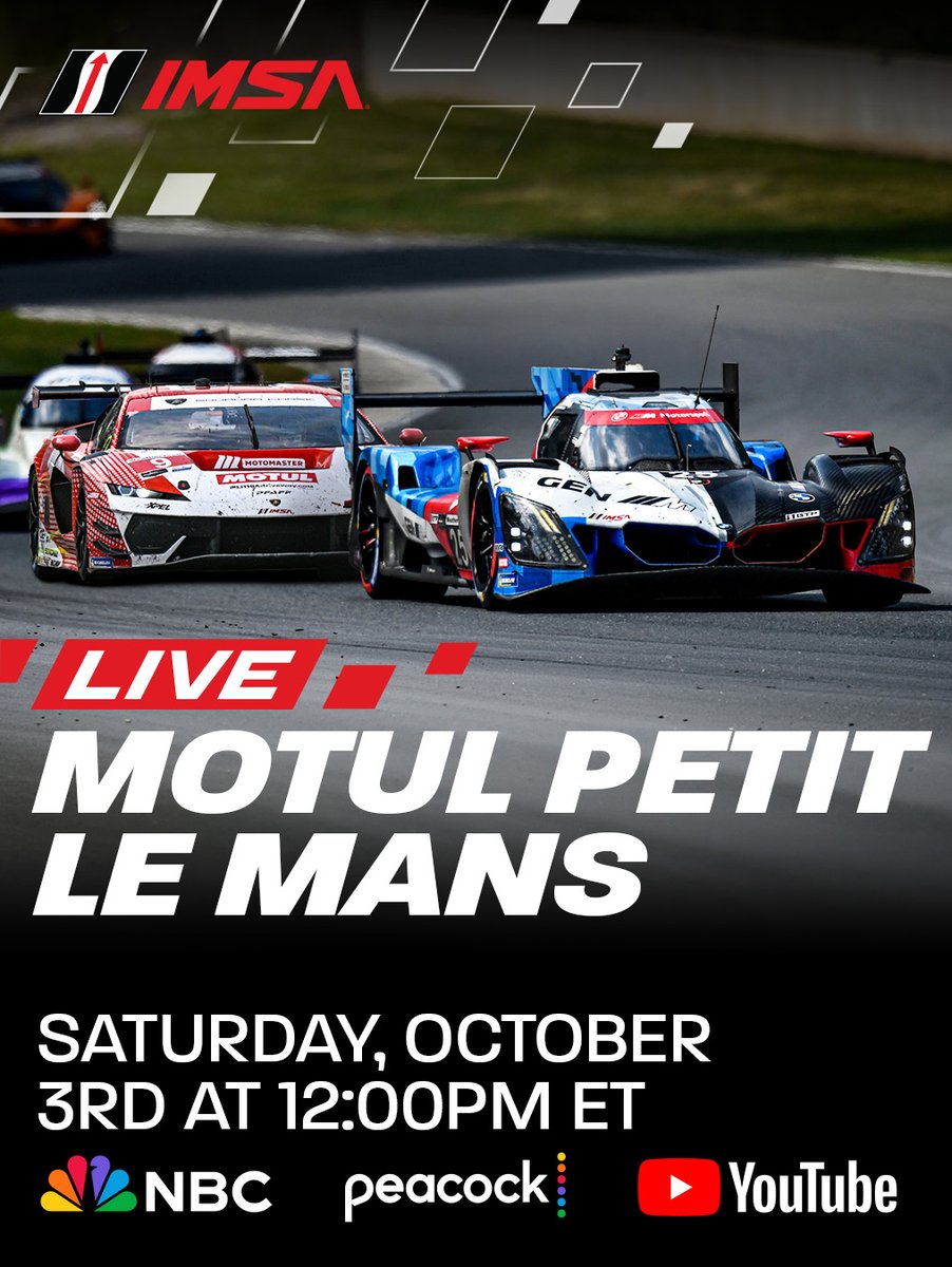 detroitgp's tweet photo. Are you ready for all the excitement & drama of the 2026 IMSA season finale? The 29th Motul Petit Le Mans will get the green flag on Saturday!

Catch the action from Michelin Raceway Road Atlanta on Saturday beginning at 12 PM ET on NBC. Coverage continues on NBCSN at 3 PM ET, with the full 10-hour endurance classic streaming live on Peacock.

@imsa_racing @peacock @youtube
