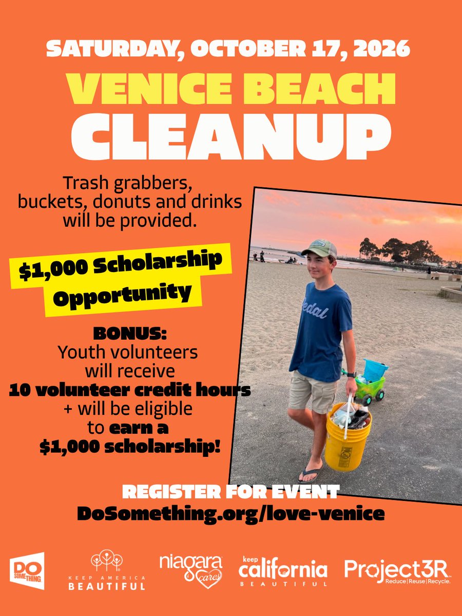 dosomething's tweet photo. 🌊 Come out and show Venice Beach some LOVE! 🌊

Join teen environmentalist @ryans_recycling and Project 3R for a community cleanup at Venice Beach!

📅 Saturday, October 17, 2026
⏰ 9AM-11AM

We've got trash grabbers, buckets, donuts, and drinks covered. Just bring yourself and your crew! 🍩

✨ BONUS for youth volunteers: earn 10 volunteer credit hours and become eligible for a $1,000 scholarship! ✨

Swipe through for all the details, then tap the link to register 👉 https://t.co/PzbVYsMtKw

Tag a friend who should come clean up with you! 👇

#LOVEVeniceBeach #DoSomething #Project3R #RyanHickman #BeachCleanup #VolunteerHours #ScholarshipOpportunity