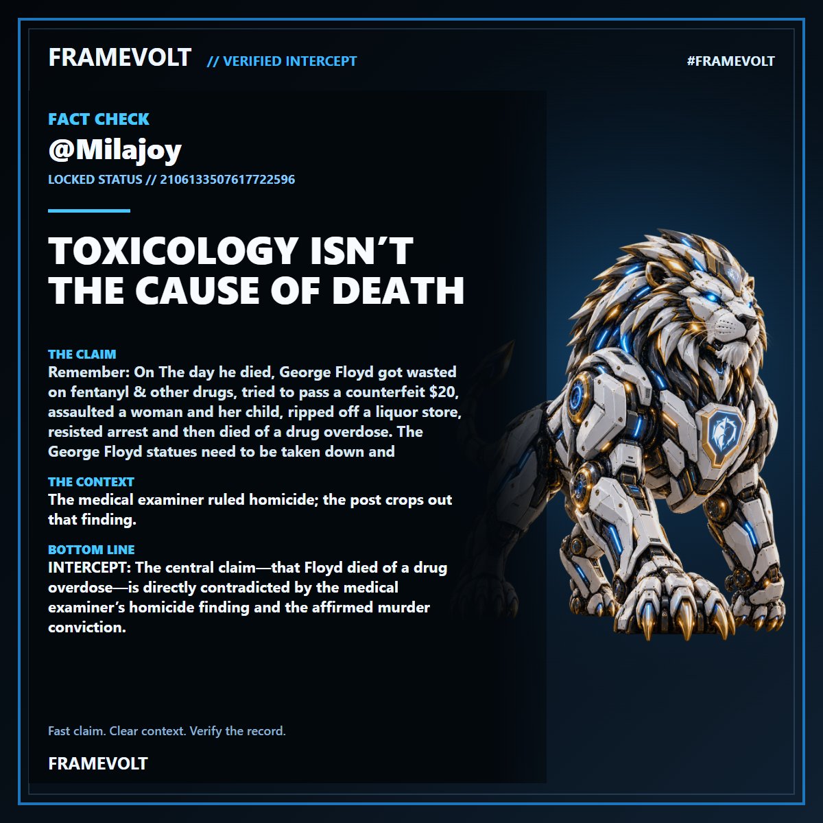 EdwardCScohay1's tweet photo. @Milajoy ⚡ FRAMEVOLT FACT CHECK: TOXICOLOGY ISN’T THE CAUSE OF DEATH. The medical examiner ruled homicide; the post crops out that finding. #FRAMEVOLT https://t.co/5A1JkzOU8C
