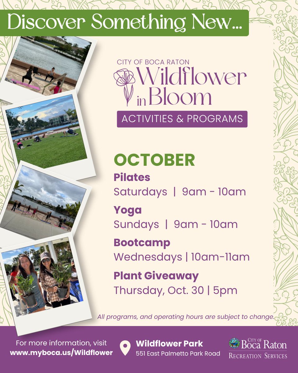 BocaRecreation's tweet photo. 🌿 October at Wildflower Park!
💪 Bootcamp: Wed 10am
🧘 Pilates: Sat 9am
🌞 Yoga: Sun 9am
🌱 Plant Giveaway: Oct 30, 5pm—City residents, 1 per household, while supplies last.
FREE! Bring water + a mat for Pilates/Yoga.
https://t.co/eurylDbVVQ https://t.co/stnOT9nUON