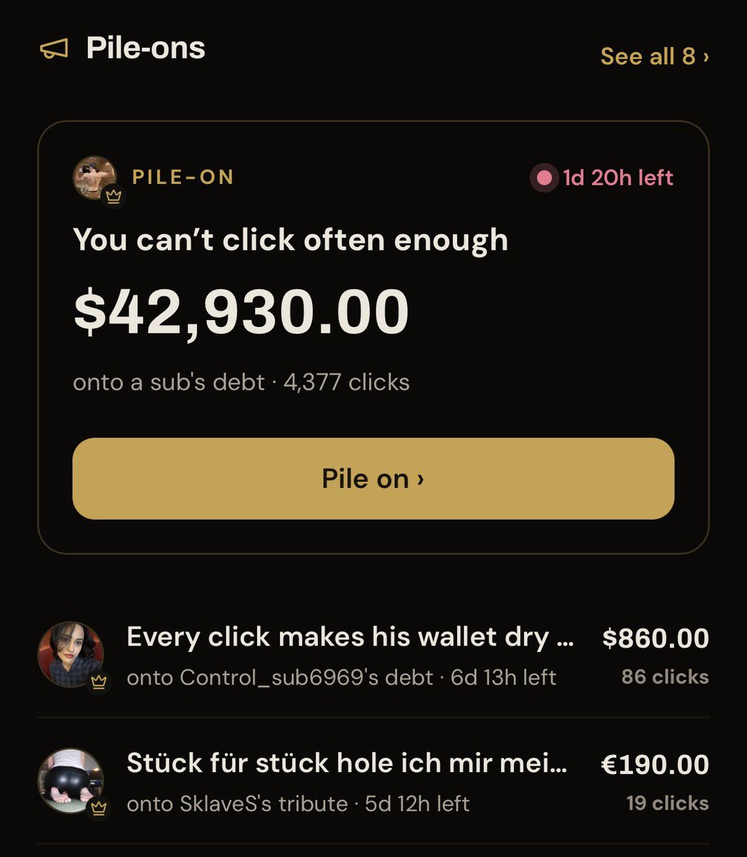 nightzcrmsnn's tweet photo. second on the list for click pile-ons on debtkeeper and it's been 2 days on the platform! subs come and join in while you fall in an endless cycle of having to pay me in order to be free 😈 https://t.co/bX8iQC575h