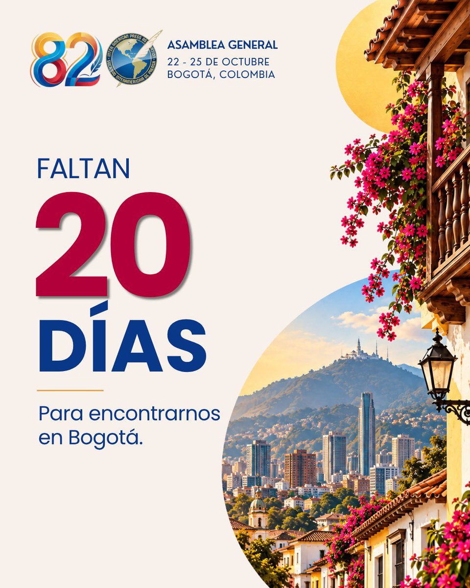 sip_oficial's tweet photo. ⏳ ¡En 20 días, el periodismo de las Américas se encuentra en #Bogotá!

Cuatro jornadas para compartir experiencias, fortalecer vínculos y debatir los desafíos de los medios en la 82ª Asamblea General de la SIP.

📅 22–25 de octubre | Hilton Bogotá
🔗 ¡Inscríbete y participa! 👉🏼 https://t.co/JAUFaP16Jj