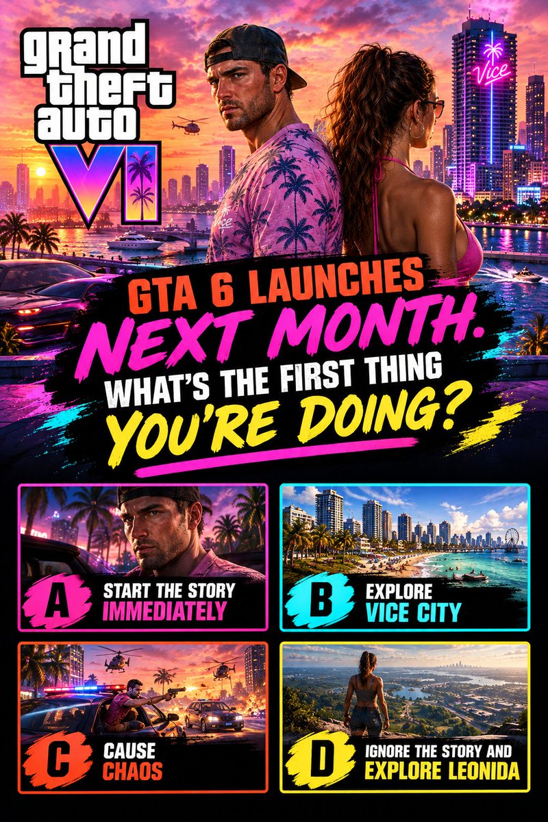 alpha_crafting's tweet photo. GTA 6 launches next month.

What’s the FIRST thing you’re doing? https://t.co/0wf23A3N47