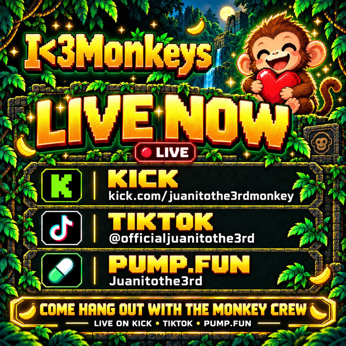 YTJuanitoThe3rd's tweet photo. 🐒❤️ I<3Monkeys is just getting started!

First big goal: $5 MILLION market cap. I’m putting in the work through livestreams, original content, and building this community with YOU. 🍌🔥

Catch me on Kick: juanitothe3rdmonkey
TikTok: @officialjuanitothe3rd
https://t.co/tAh4TpJRqT: Juanitothe3rd

Drop a 🐒 and your public Solana wallet address below!

Big ambitions, no guaranteed returns. Crypto involves risk.

#IHeartMonkeys #Solana #PumpFun #MemeCoin #MonkeyCommunity