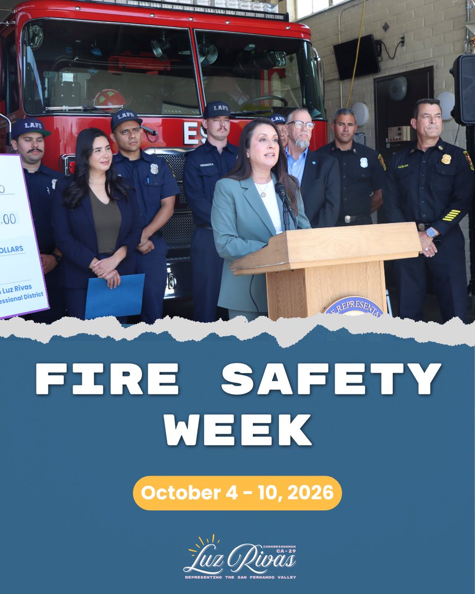 RepLuzRivas's tweet photo. This week is Fire Safety Week!
 
As climate change makes wildfires deadlier in California, it is important for communities to be prepared.
 
To help the San Fernando Valley prepare for wildfires, I secured $850,000 in federal funds to help open a second fire station in Sylmar, and $968,000 for renovations to L.A. County Fire Department’s Pacoima Warehouse to provide lifesaving supplies and tools.
 
Visit my website for resources to help you and your family prepare for emergencies.