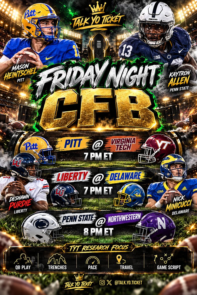Talk_Yo_Ticket's tweet photo. FRIDAY NIGHT LIGHTS. 🏈🔥

Pitt @ Virginia Tech
Liberty @ Delaware
Penn State @ Northwestern

Three games. Three different environments.

QB play • trenches • pace • travel • game script

FULL CFB LAB INSIDE TYT. 👑

#TalkYoTicket #CFB https://t.co/XEVo40Gaqe