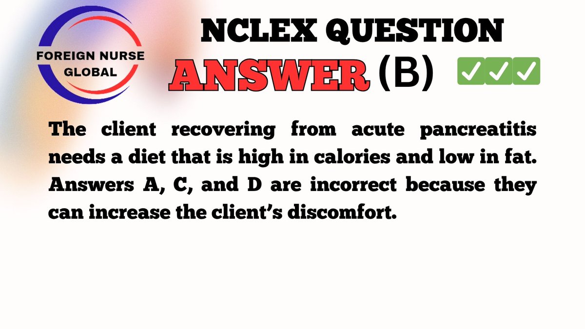 foreignnurseglb's tweet photo. NCLEX QUESTION ANSWER.....
KUDOS TO THOSE THAT GOT IT RIGHT.....
KEEP PRACTICING IF YOU DIDN'T GET IT RIGHT.....
#FNG #foreignnurseglobal #nclexreview #nclexstudying #nclexsurepass #nclexmadeeasy #nclexpass #NCLEX #NCLEX_RN #nclexprep #nclextips #USRN #nclexpreparation https://t.co/YNIfoIsRTN