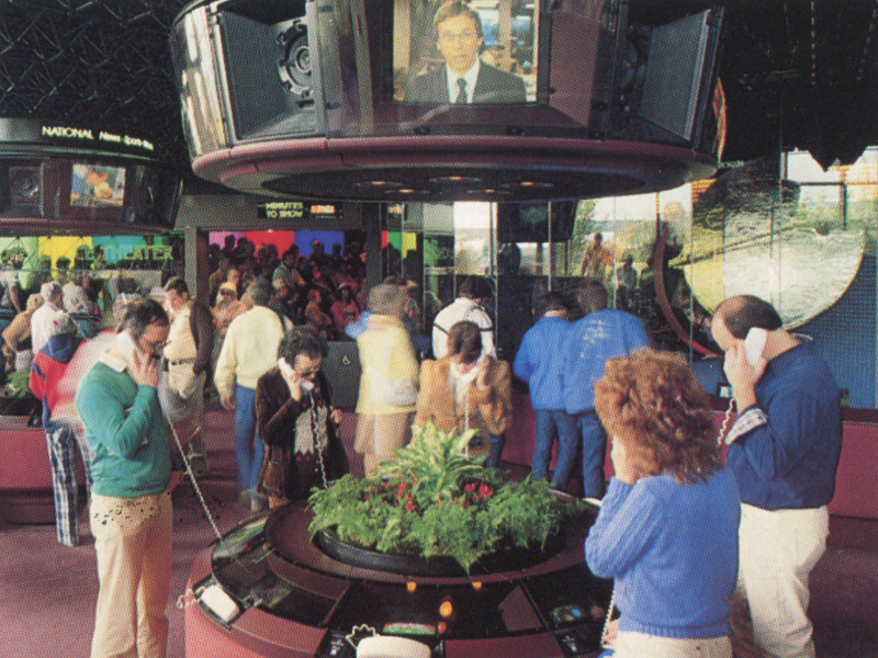 Defunctland's tweet photo. The Electronic Forum had three elements in 1990. The Future Choice Theater (the EPCOT Poll with the buttons in the arm rests), the World News Center (TV banks showing news) and the Person of the Century terminals. https://t.co/WtycqrfzkO