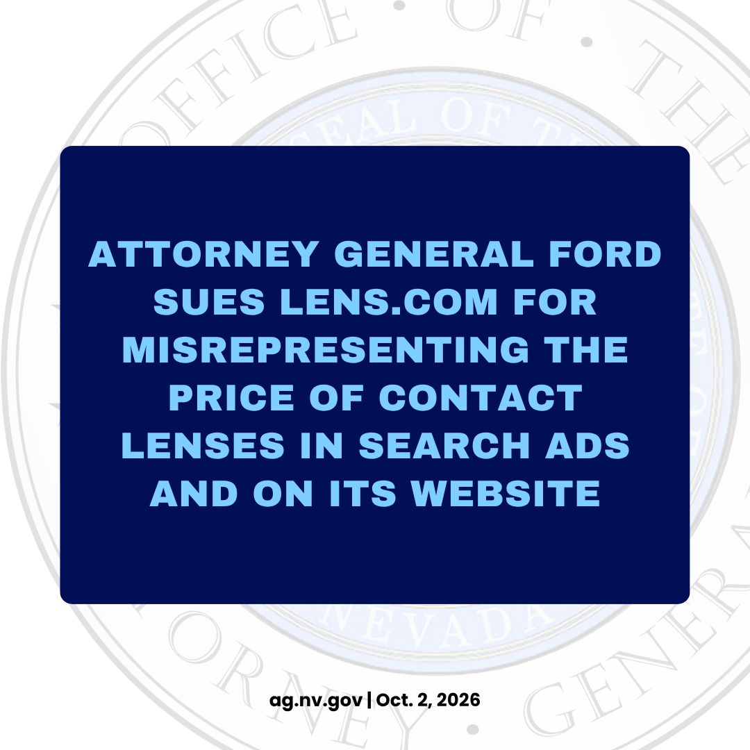 NevadaAG's tweet photo. Attorney General Ford has sued https://t.co/pQW5pHPWWY over an alleged deceptive pricing scheme. Nevada, Utah and the FTC allege the retailer advertises artificially low contact lens prices, then charges consumers substantially more through mandatory “taxes &amp; fees.” https://t.co/FZGpI2KUs7