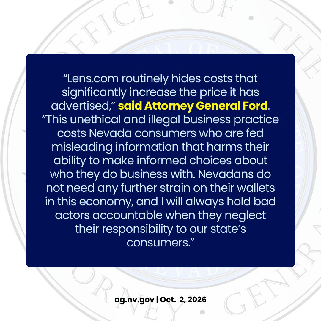 NevadaAG's tweet photo. Attorney General Ford has sued https://t.co/pQW5pHPWWY over an alleged deceptive pricing scheme. Nevada, Utah and the FTC allege the retailer advertises artificially low contact lens prices, then charges consumers substantially more through mandatory “taxes &amp; fees.” https://t.co/FZGpI2KUs7
