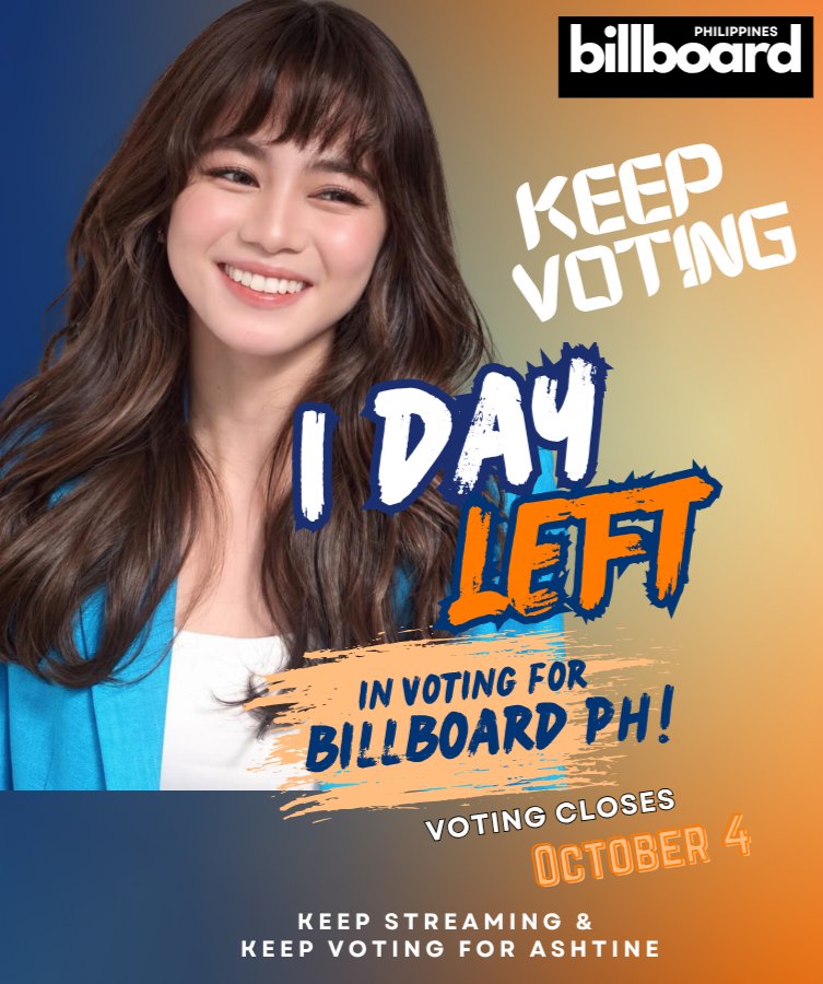 phebzmei's tweet photo. 🧡 1 DAY LEFT, KEEPERS & SHINES 💙

🚨 THIS IS OUR FINAL PUSH 🚨

We have just ONE DAY LEFT to vote for our Mutya in the Billboard PH FMA— People’s Choice: Artist. Voting closes on October 4 at 11:59 PM 🗳️

Let's keep the voting link moving across our timelines today and please every time you see it, take a moment to cast your vote and remind fellow supporters to do the same.

Let’s make every hour count until the very last minute. Stay focused, stay united, and give this final push everything you can! 

ONE MORE DAY. ONE GOAL. ALL FOR ASHTINE 🫶

🔗 VOTE HERE: https://t.co/9j1Q51HkC6

#AshtineOlviga #BillboardPH