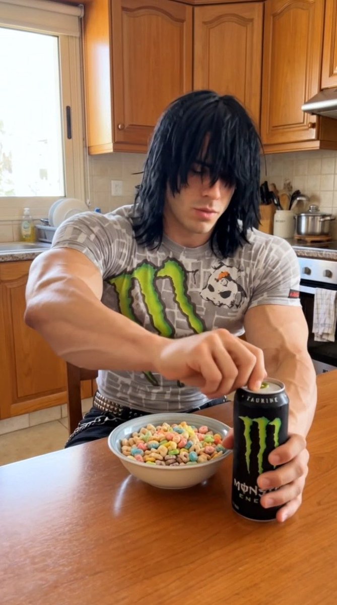 A muscular young man with long dark hair and a gray Monster Energy t-shirt sits at a kitchen table, opening a can of Monster energy drink next to a bowl of colorful Fruity Pebbles cereal—matching the post's joke about "mfs" who treat a Monster and a bowl of cereal as a meal.