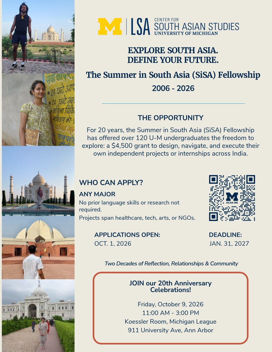 umCSAS's tweet photo. What could you spend 4 weeks in India doing?

Applications are open for 2027 SiSA! U-M undergrads in ANY discipline can receive $4500 for 4+ weeks in India.

Interested? Join us for the SiSA Symposium Oct. 9

Apply by Jan. 31, 2027. https://t.co/ggM70BpHxR
