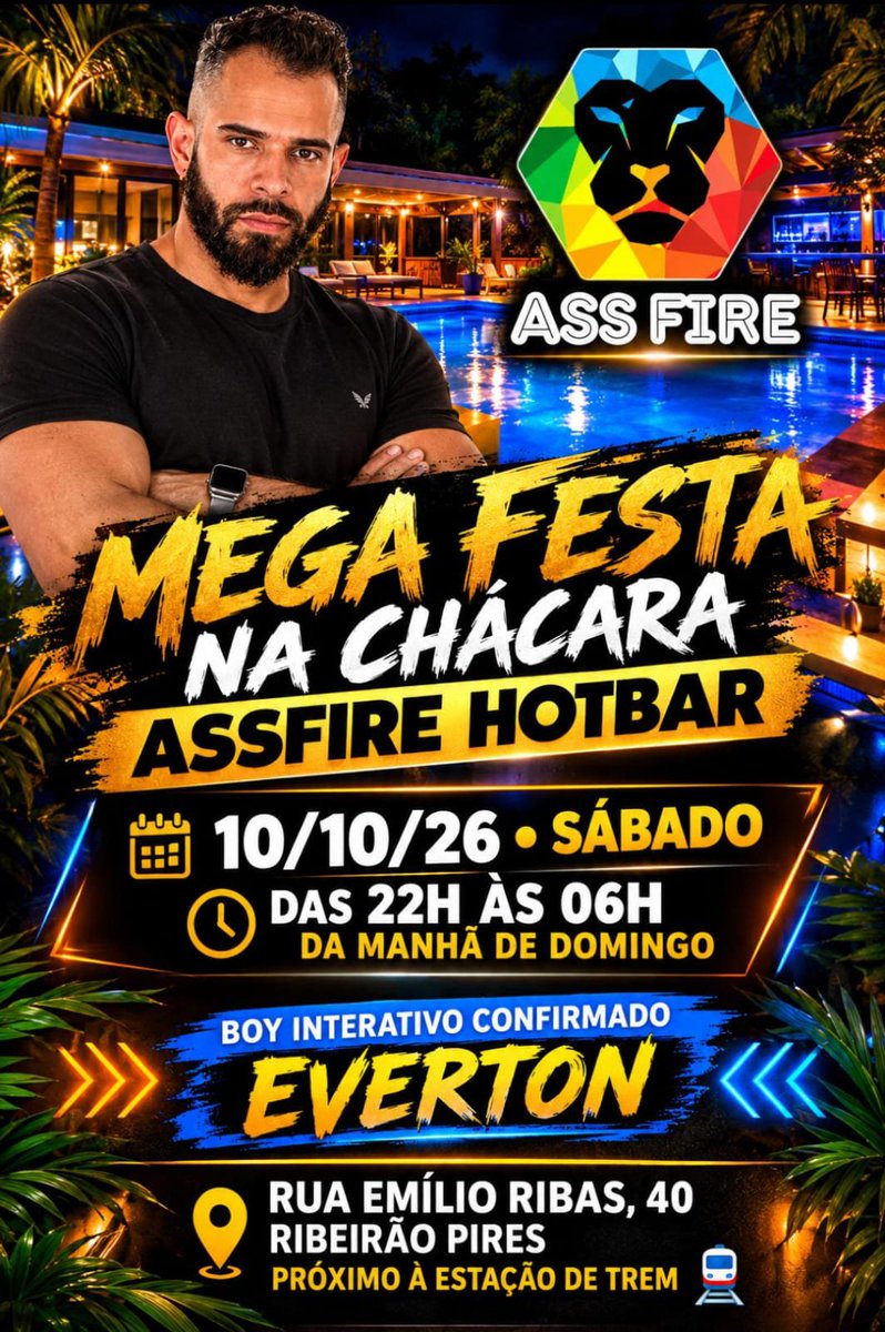 EvertonOlivee's tweet photo. @ASSFIREFESTAS MEGA FESTA-BALADA HOT 18+ DA ASSFIRE HOTBAR EM RIBEIRÃO PIRES PRÓXIMO DA ESTAÇÃO DE TREM 🚆 VEM*!!!
*10 DE OUTUBRO* *BALADA LIBERAL E MUITO SEXOS, ONDE SEU PRAZER E SUAS* *FANTAZIAS SE TORNAM*
*NOSSA MAIOR PRIORIDADE EM FAZER VOCÊ FELIZ VEMHAM TODIS* https://t.co/RcT6eQ5Ykv