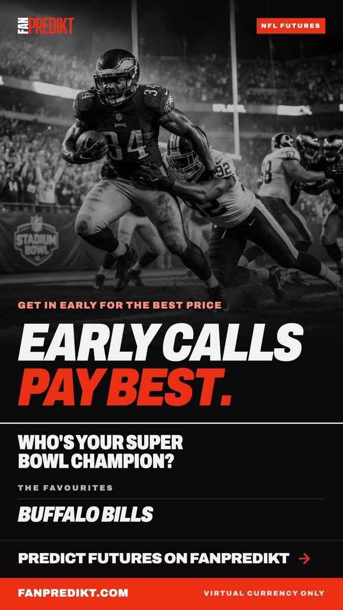 FanPredikt's tweet photo. Early calls pay best. NFL Futures are on FanPredikt — the Buffalo Bills are the team to beat for the Super Bowl right now. Who's your champion?

Predict futures on FanPredikt: https://t.co/ISgeGJOZks 

Virtual currency only.

#FanPredikt #NFL #NFLFutures #SuperBowl #BuffaloBills https://t.co/Bns5A1WSjM