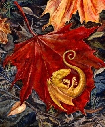 A detailed painting features a golden dragon curled atop a bright red maple leaf, surrounded by fallen autumn foliage in shades of orange, yellow, and brown.