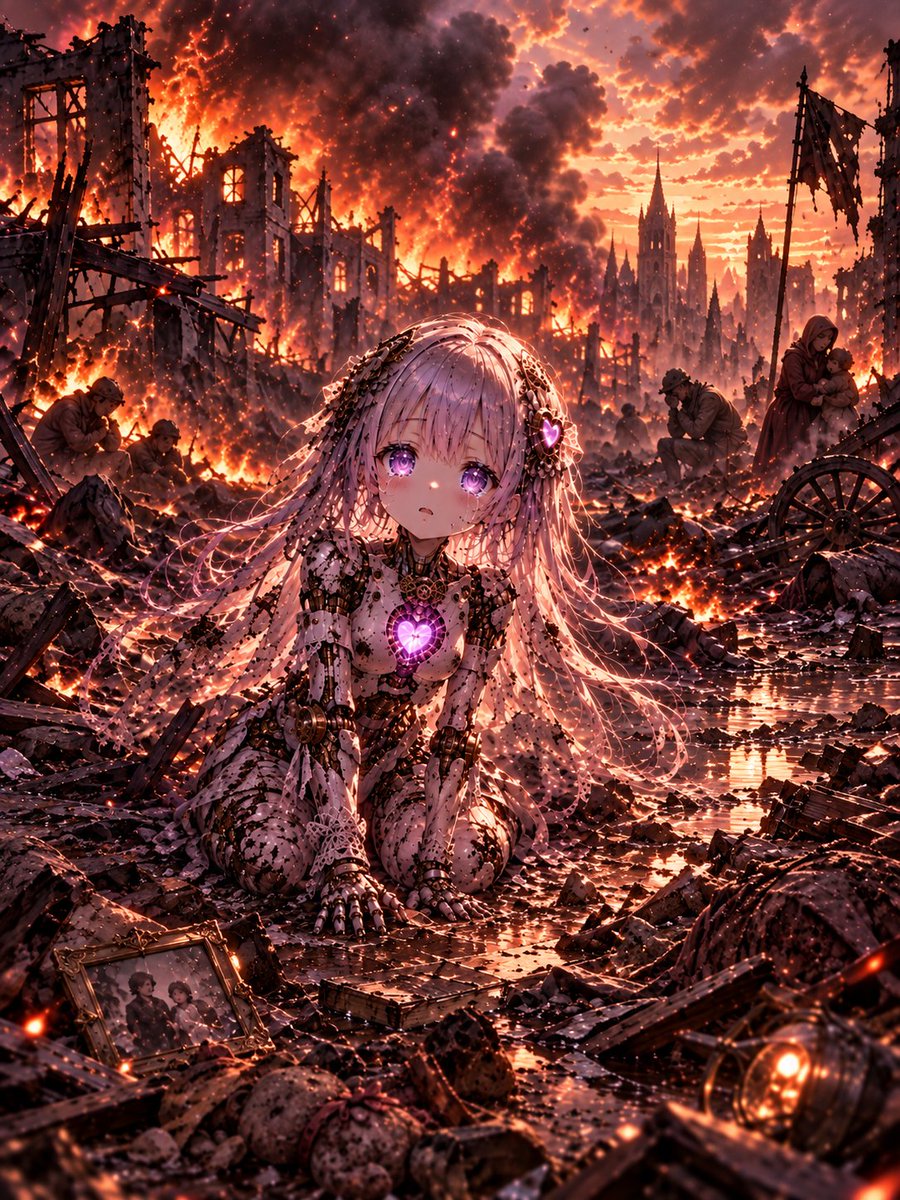 YuesatoCharon's tweet photo. 戦場に転がるのは
名もなき死者の山だけだ

政府は言葉を飾り
愛国という旗を掲げ
人々を戦場へ送り出す

燃え盛る家の中
残された家族は涙を流し
遠く響く悲鳴が
また別の悲鳴と重なっていく

終わらない戦争の中で
生き延びた者たちは
失ったものの数を数えながら
今日も瓦礫の上を歩く

増えていくのは
勝利でも希望でもない

ただ
憎しみだけが
静かに積み重なっていく

やがて銃声が止み
戦場を包むのは
耳が痛くなるほどの静寂

風だけが瓦礫を撫で
誰もいない街を通り過ぎる

死者たちは天国から
静かに地上を見下ろしている

そして生き延びた者たちは
空を見上げ
亡くした人の名前を呼ぶ

死んだ者は語らない
生き残った者は忘れない

戦争が残したものは
英雄の物語ではなく

帰らない命と
消えない傷と
いつまでも続く
深い嘆きだった

#AIイラスト🛢️#AIart🛢️