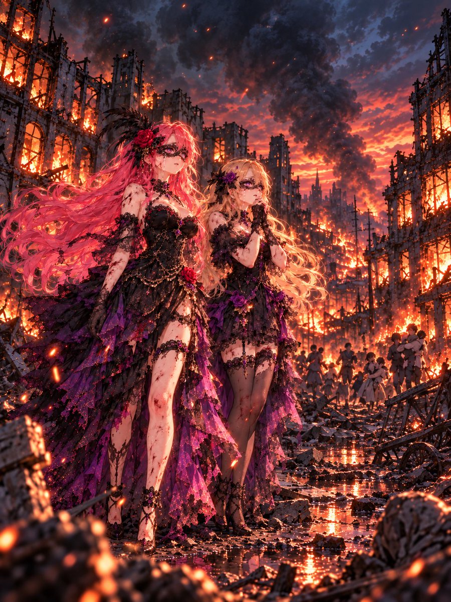 YuesatoCharon's tweet photo. 戦場に転がるのは
名もなき死者の山だけだ

政府は言葉を飾り
愛国という旗を掲げ
人々を戦場へ送り出す

燃え盛る家の中
残された家族は涙を流し
遠く響く悲鳴が
また別の悲鳴と重なっていく

終わらない戦争の中で
生き延びた者たちは
失ったものの数を数えながら
今日も瓦礫の上を歩く

増えていくのは
勝利でも希望でもない

ただ
憎しみだけが
静かに積み重なっていく

やがて銃声が止み
戦場を包むのは
耳が痛くなるほどの静寂

風だけが瓦礫を撫で
誰もいない街を通り過ぎる

死者たちは天国から
静かに地上を見下ろしている

そして生き延びた者たちは
空を見上げ
亡くした人の名前を呼ぶ

死んだ者は語らない
生き残った者は忘れない

戦争が残したものは
英雄の物語ではなく

帰らない命と
消えない傷と
いつまでも続く
深い嘆きだった

#AIイラスト🛢️#AIart🛢️