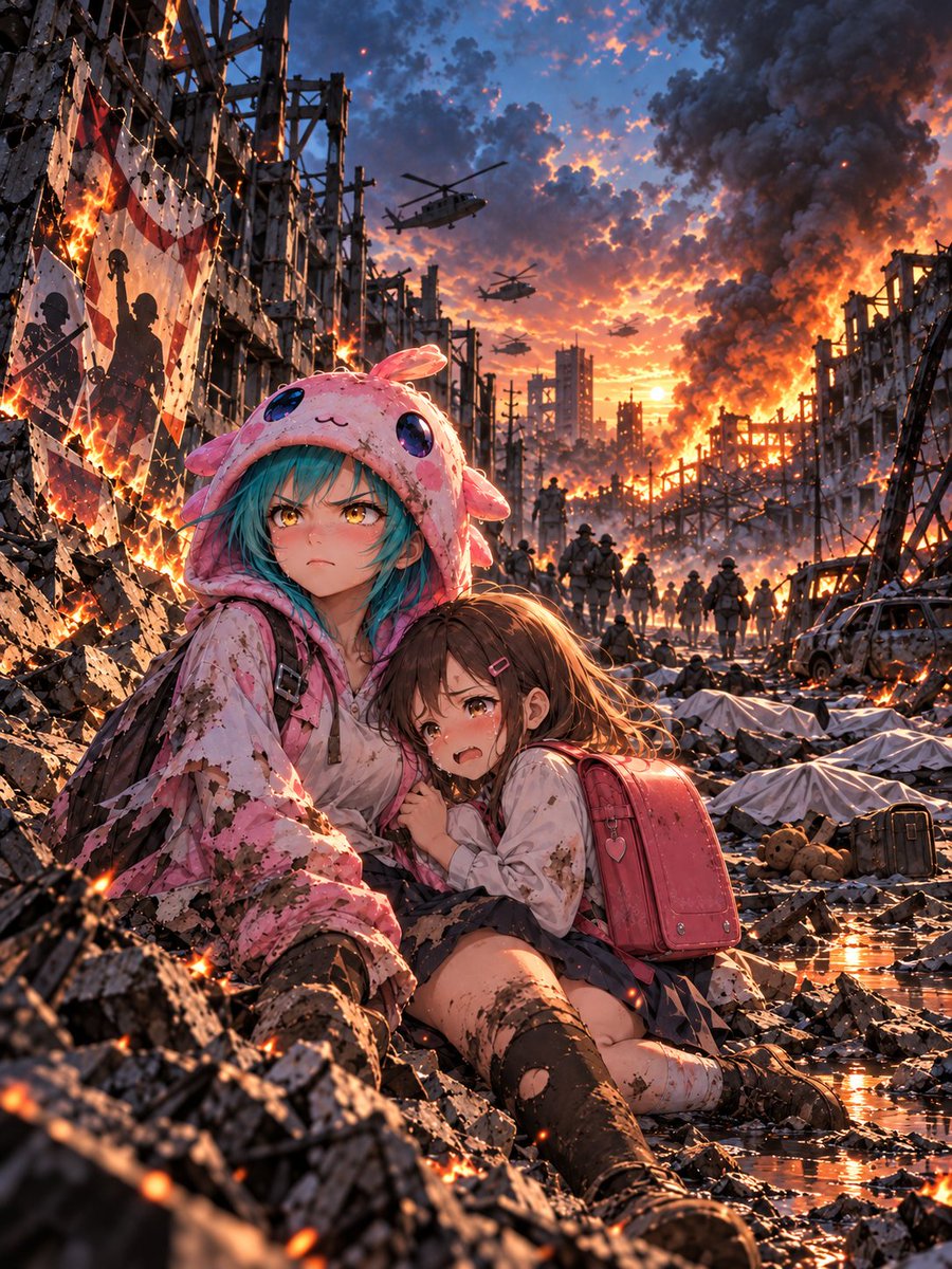 YuesatoCharon's tweet photo. 戦場に転がるのは
名もなき死者の山だけだ

政府は言葉を飾り
愛国という旗を掲げ
人々を戦場へ送り出す

燃え盛る家の中
残された家族は涙を流し
遠く響く悲鳴が
また別の悲鳴と重なっていく

終わらない戦争の中で
生き延びた者たちは
失ったものの数を数えながら
今日も瓦礫の上を歩く

増えていくのは
勝利でも希望でもない

ただ
憎しみだけが
静かに積み重なっていく

やがて銃声が止み
戦場を包むのは
耳が痛くなるほどの静寂

風だけが瓦礫を撫で
誰もいない街を通り過ぎる

死者たちは天国から
静かに地上を見下ろしている

そして生き延びた者たちは
空を見上げ
亡くした人の名前を呼ぶ

死んだ者は語らない
生き残った者は忘れない

戦争が残したものは
英雄の物語ではなく

帰らない命と
消えない傷と
いつまでも続く
深い嘆きだった

#AIイラスト🛢️#AIart🛢️