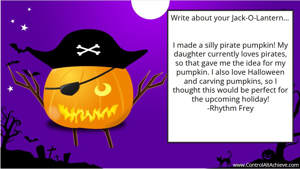 RhythmFrey's tweet photo. I created a Halloween Jack-O-Lantern using Google Slides from @ControlAltAchieve! I made a silly pirate pumpkin and had fun exploring the different ways to customize it. 🎃🏴‍☠️ Can't wait to use this with my future students!! #EdTechECC https://t.co/v0NgEcnCrG