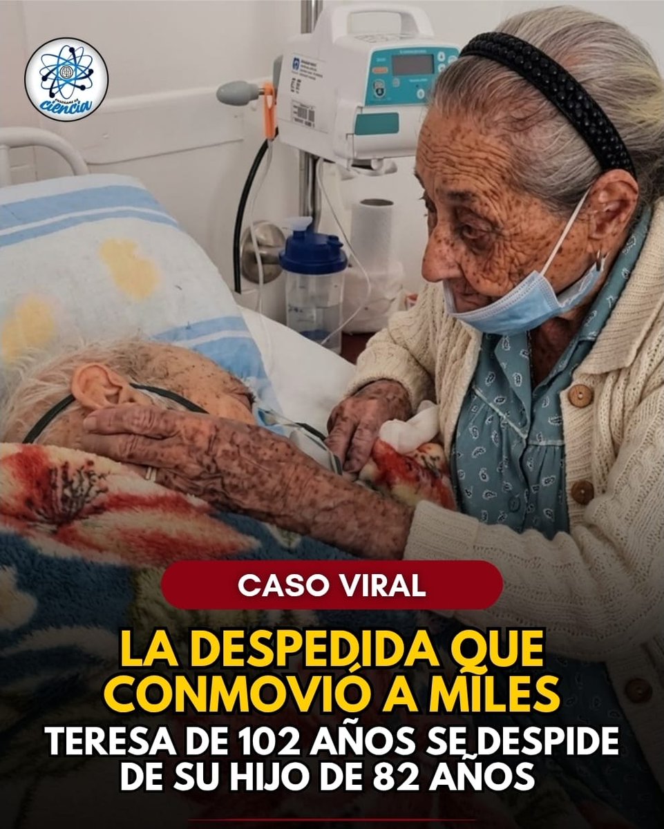 EnsedeCiencia's tweet photo. 🚨🇨🇴Un video grabado en un hospital de Colombia muestra a Teresa, una mujer de 102 años, acercándose a su hijo, quien se encontraba gravemente enfermo.

La mujer tomó su mano, acarició su rostro y le habló con ternura: “Le habla su mamá Teresa”, llamándolo también “Dormilón”, el apodo que utilizaba desde que era niño. El video, compartido por un familiar, se volvió viral y conmovió a miles de personas por la fuerza de un vínculo que parece no conocer edad.