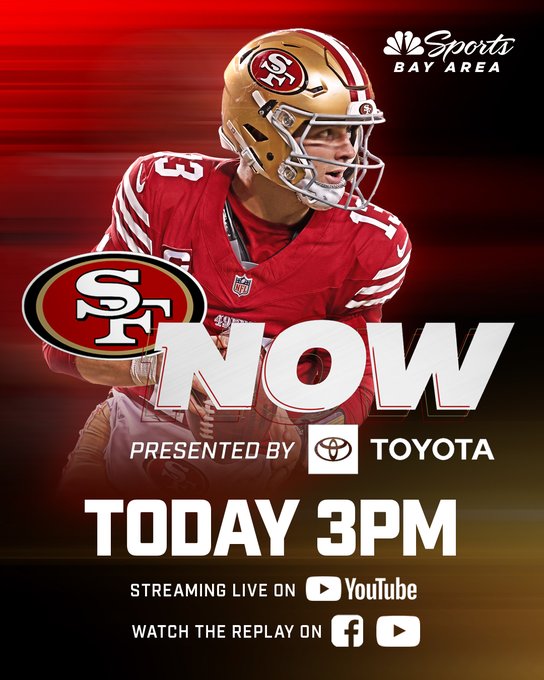 Promotional graphic for NBC Sports Bay Area featuring a San Francisco 49ers player (wearing #13) in a red jersey and gold helmet, advertising "49ers NOW Presented by Toyota" airing today at 3 p.m. PT, streaming live on YouTube with replays available on Facebook and YouTube. The image visually supports the post's preview of a show discussing the 49ers' pursuit of a 4-0 record and their upcoming game against the Broncos.