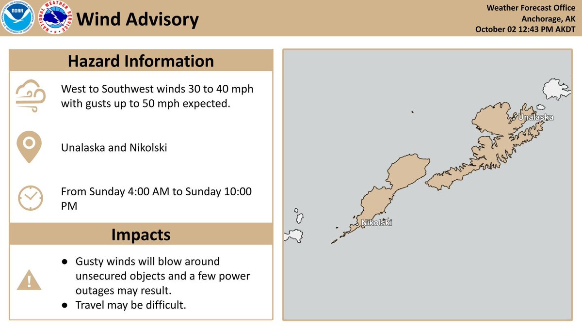 NWSAnchorage's tweet photo. 🌬️ Wind Advisory for Nikolski &amp; Unalaska: 4 AM–10 PM AKDT Sunday. A low pressure system will bring strong W–SW winds, with intermittent gusts up to 50 mph. Peak gusts: early–late Sun. morning in Nikolski; early Sun. afternoon–Sun. evening in Unalaska. Winds diminish Sun. night. https://t.co/dI3p7S0iGM