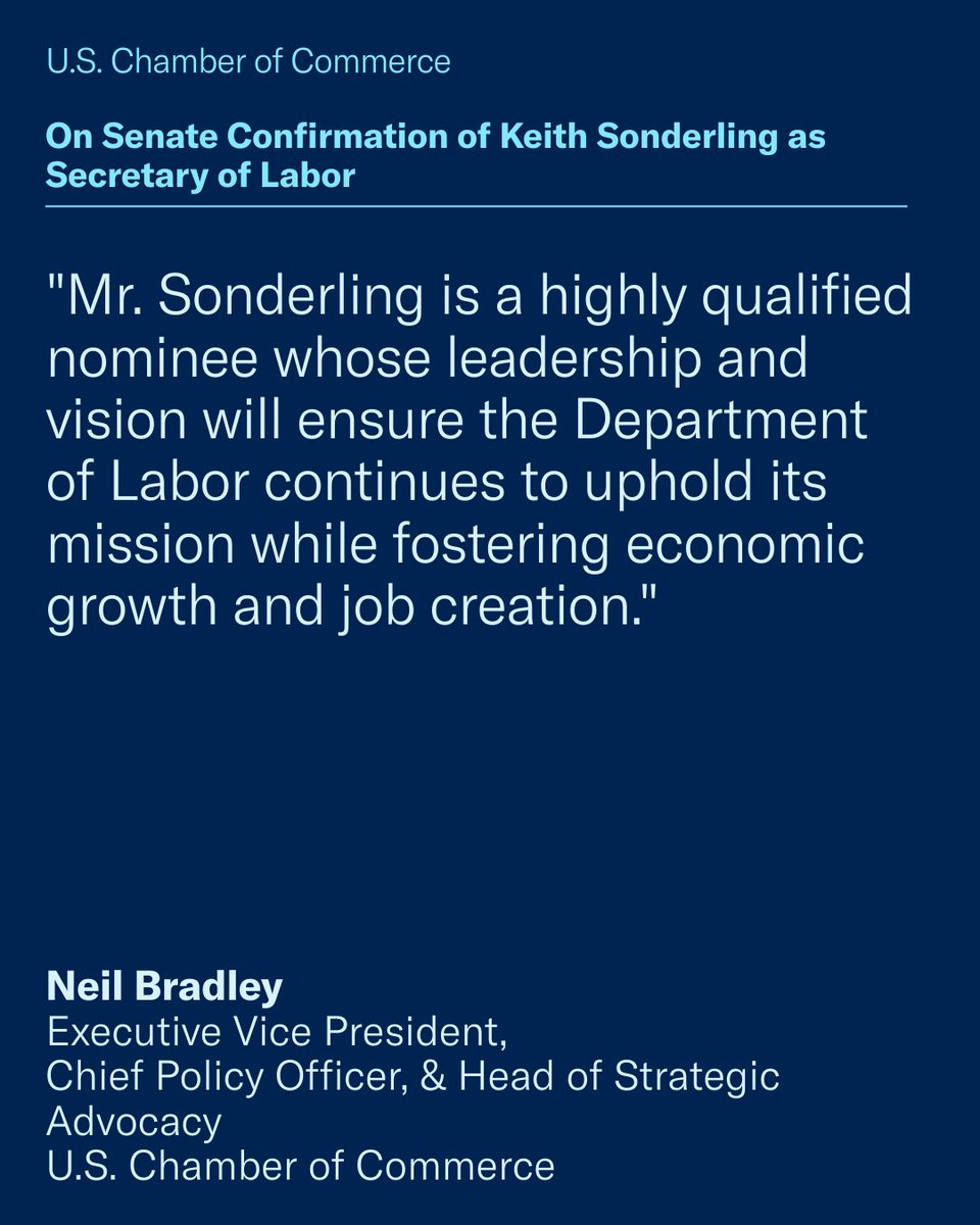 USChamber's tweet photo. Congratulations to Keith Sonderling @Sonderling47 on his confirmation as U.S. Secretary of Labor.

The U.S. Chamber looks forward to working with Secretary Sonderling and the @USDOL on issues important to America’s workers, employers, and economy. https://t.co/q9fsLE3ia0 https://t.co/3dKjdqNhTt