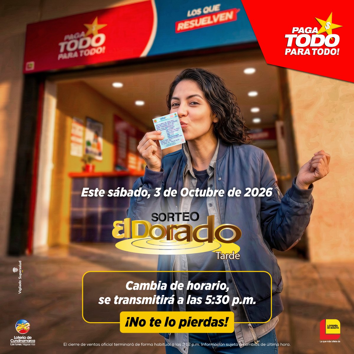 pagatodo's tweet photo. ⏰ ¡Atención! Este sábado 3 de octubre, el sorteo El Dorado Tarde cambia de horario y se transmitirá a las 5:30 p.m. No te pierdas la oportunidad de seguir tu suerte. 🍀 https://t.co/U3Tce3juEp