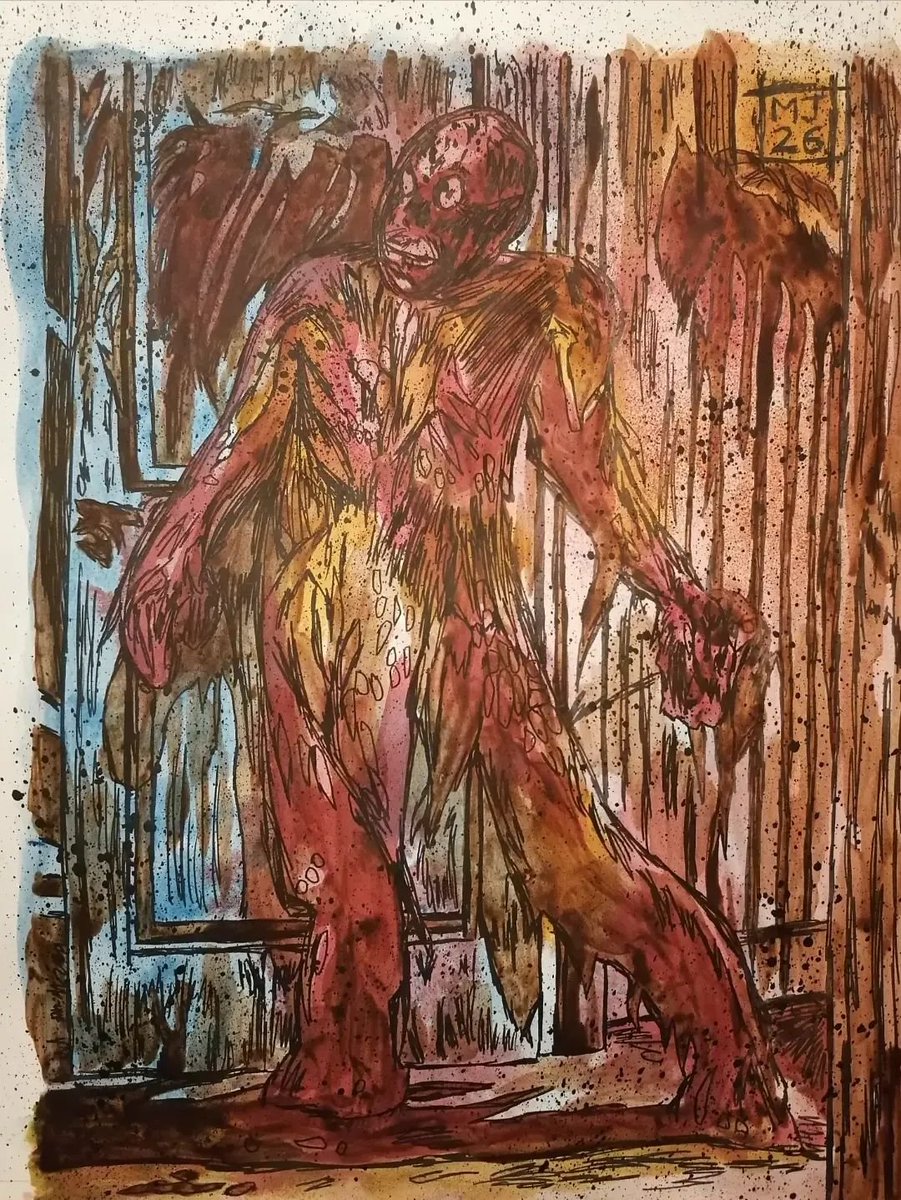 docwestlake1984's tweet photo. Here is a WIP photo of a mixed media illustration I've created featuring Tarman, who is a character from the 1985 film The Return of the Living Dead.
This photo shows the first pass I made with colour, using Schmincke inks.
#horror #horrormovie #horrormovies #horrorart #tarman https://t.co/8HAc1mC9zN