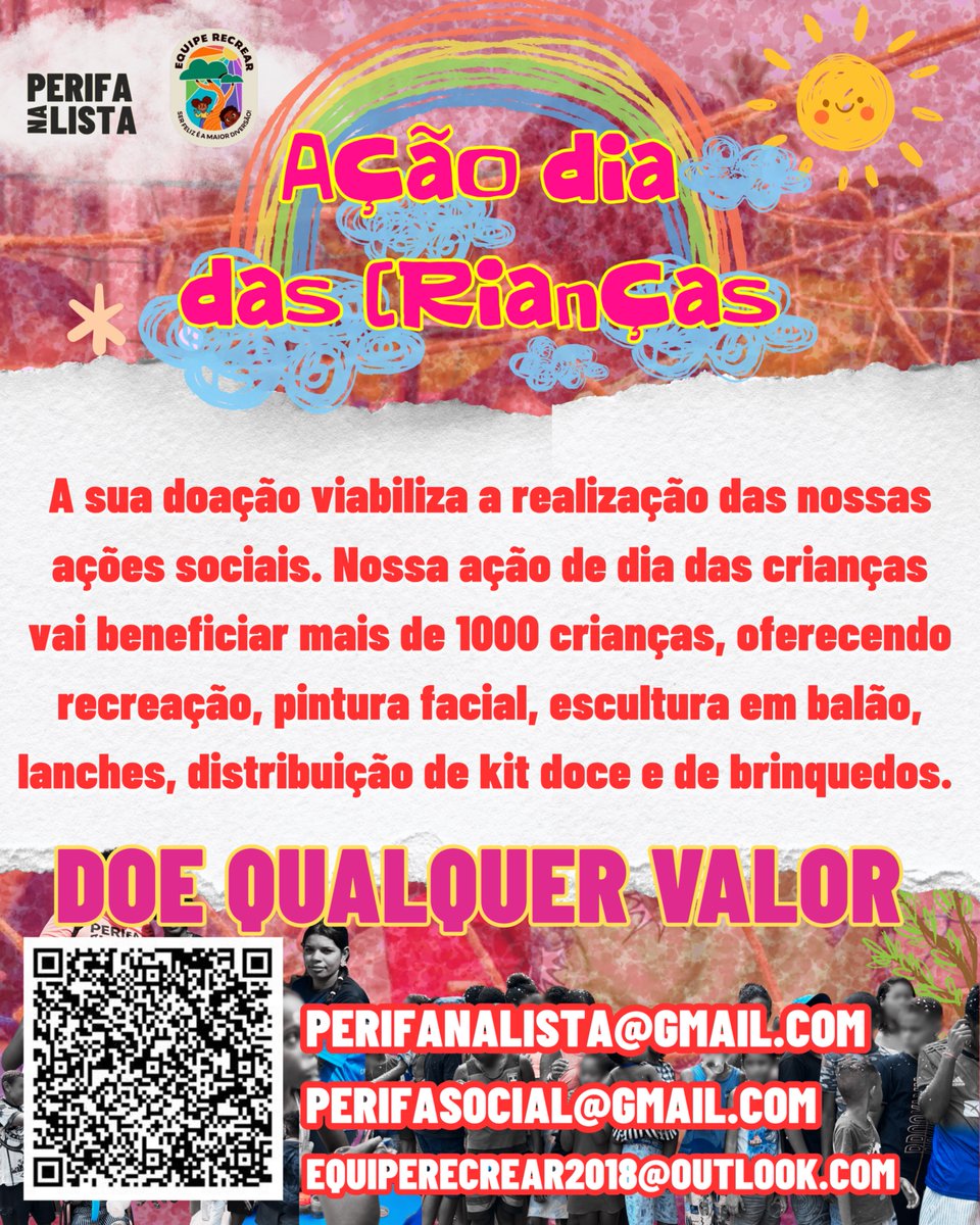 RickTrindade's tweet photo. DOE QUALQUER VALOR E FAÇA PARTE DESSA AÇÃO!  

As doações serão destinadas à compra de lanches, kits de doces e brinquedos, beneficiando mais de 1.000 crianças em Itabuna.  

💛 DOE PELO PIX: 📧 PERIFANALISTA@GMAIL.COM 📧 PERIFASOCIAL@GMAIL.COM 📧 EQUIPERECREAR2018@OUTLOOK.COM https://t.co/oDVrDq7J7y