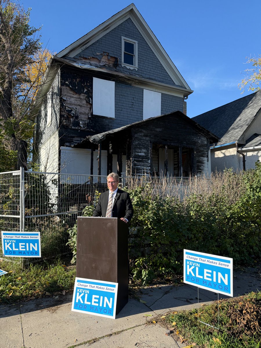 KevinKleinwpg's tweet photo. Vacant houses are not neutral. They are cover.

Cover to hide. Cover to deal. Cover to light a fire and run.
Winnipeg firefighters answered 274 vacant-property fires in 2024. On May 12, 2026, crews fought six in three hours. As of August, the City was still enforcing the vacant-building bylaw at 810 properties.

Fines after the fire are not a plan. Since 2023, the fire service billed more than $3.5 million in vacant-property charges and collected about six cents on the dollar. I will collect that money.

As your mayor, every vacant building is a file that gets closed: repaired, reoccupied, rebuilt, or taken down.

No demolition fee if the owner puts affordable housing on the same site. 15 days max for every other demolition. 

Owners face doubled vacant charges after two years. Tripled after three. Report the vacancy within 6 months. Have a plan within 12, or face fines and title action.

A boarded house is a fuse, a place for crime, a danger to a community. As your mayor, I will rid our city of the dangerous vacant homes.

Better days are ahead for Winnipeg with change that makes sense. https://t.co/kQV2IQOiTF