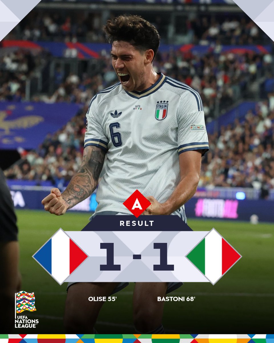 UEFAEURO's tweet photo. Bastoni scores as France and Italy share spoils 🤝 

#NationsLeague https://t.co/7GIMqqS268