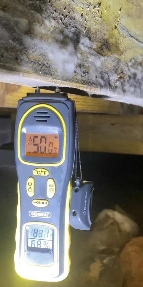 BowTiedBroke's tweet photo. My brother started his own pest control company after leaving Orkin. 30-40% of his revenue now is crawlspace encapsulation. 60% margins on them. Large (4,000 sq ft + ones takes roughly 1.5-2 days to complete). $15-$20K for a large one. Slaps a $200-$300 annual renewal on it to go back once per year to check the dehumidifier, tighten any loose poly, make sure everything looks tight, etc. This was a moisture reading in some floor joists and sub floor in a recent crawlspace he did.