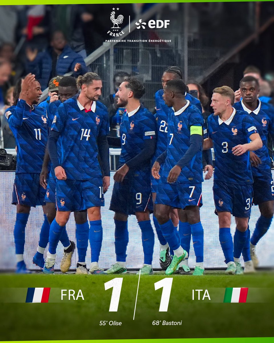EDF_Foot's tweet photo. 𝗣𝗔𝗦 𝗗𝗘 𝗩𝗔𝗜𝗡𝗤𝗨𝗘𝗨𝗥 

Les Bleus doivent se contenter du point du  nul ce soir après une belle bataille livrée contre la Squadra Azzurra 🤝

Rendez-vous lundi soir pour l’acte 2 face à la Belgique 💪

#EDFFoot https://t.co/Kx2OEZ17LV