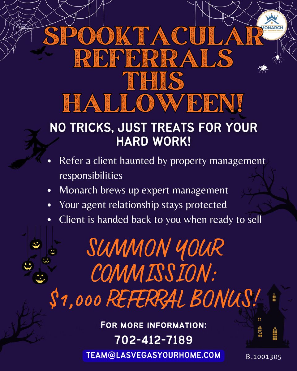 mgm_monarch's tweet photo. 🎃 No tricks—just TREATS! 🍬

Refer a client to Monarch and earn a $1,000 referral bonus! 💰

🏡 We manage
🤝 You keep the relationship
💵 You earn the bonus

📞 702-412-7189

#RealtorReferral #ReferralBonus #MonarchPM https://t.co/J9JF7gVhzP