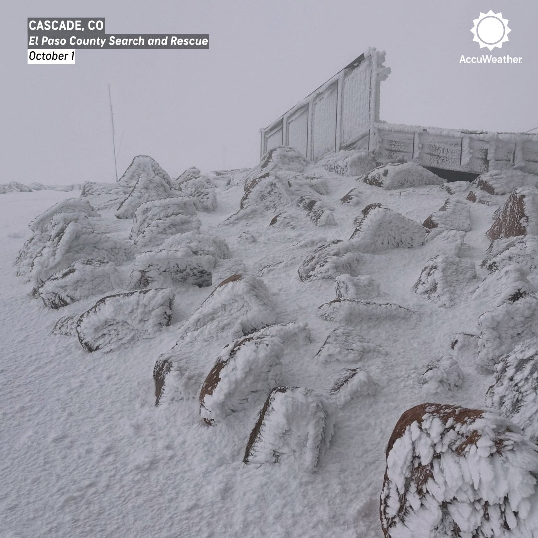 accuweather's tweet photo. Winter has arrived on Pikes Peak. ❄️🏔️ Search and rescue crews reached a stranded hiker yesterday after recent storms brought wintry conditions to the Colorado mountain, reminding visitors to come prepared and know when to turn around. https://t.co/suXbMureBC