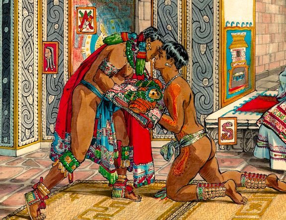 GayCult0's tweet photo. A imagem mostra "Quecholcoatl e Axayacatl 2", obra de Chicome Itzcuintli Amatlapalli. A pintura contemporânea resgata o amor homossexual no Império Asteca através do governante Axayacatl e do poeta Quecholcoatl, celebrando a ancestralidade e o orgulho LGBTQ+ indígena. https://t.co/ECcXHIKcu2
