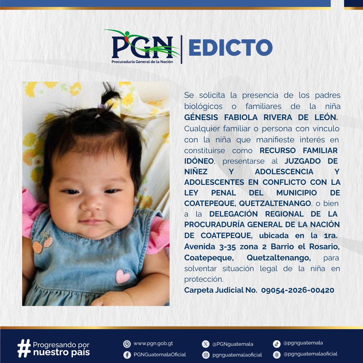 PGNguatemala's tweet photo. Tu ayuda es importante, comparte la imagen para encontrar un familiar de GÉNESIS FABIOLA RIVERA DE LEÓN. #Edicto #PGN https://t.co/L2BHQnzSDf