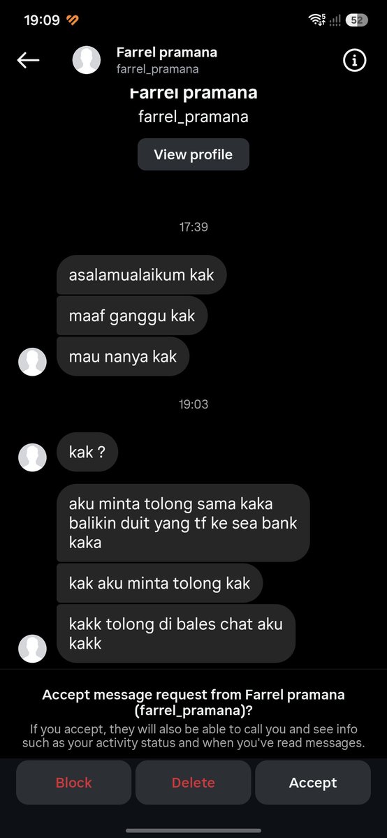 ayylipyu's tweet photo. Hati² ya guyss gua pernah tiba-tiba di DM orang gak dikenal, awalnya gua block tapi besoknya dispam pake akun² bodong lain. Masalahnya gua gakpunya seabank dan gaada uang masuk sepeserpun anjir konyol https://t.co/W3KhaCG4ar