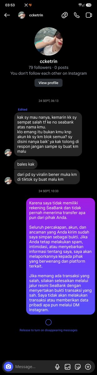 ayylipyu's tweet photo. Hati² ya guyss gua pernah tiba-tiba di DM orang gak dikenal, awalnya gua block tapi besoknya dispam pake akun² bodong lain. Masalahnya gua gakpunya seabank dan gaada uang masuk sepeserpun anjir konyol https://t.co/W3KhaCG4ar