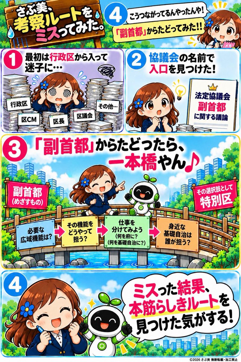 sabusabusora's tweet photo. 特別区を説明しようとして、現行の行政区から入ったら見事に迷子…出口不明で数時間🤣

「そもそも今、何を検討してるんやっけ？」と協議会の名前に戻ってみたら…

副首都から特別区まで、一本橋になったような？

遠回りしたから見えた気もする。

※私の考察です😂
 #副首都 #都構想 https://t.co/a5X4FNlVu2