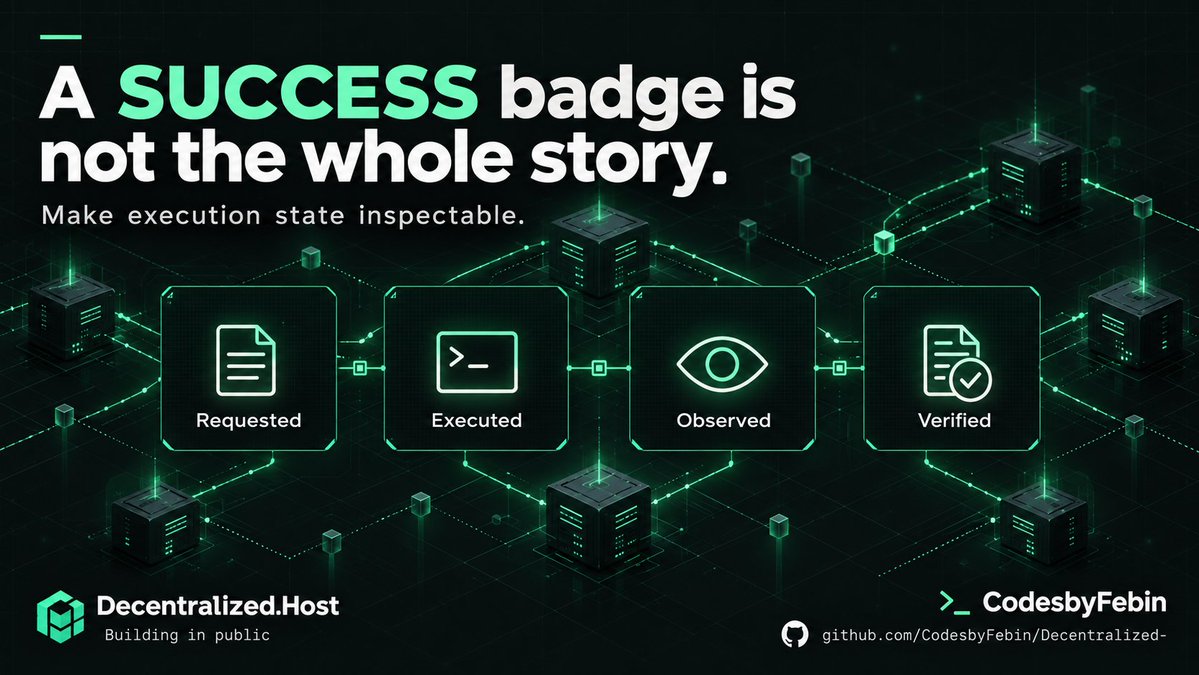 Codesbyfebin's tweet photo. A green “SUCCESS” badge can hide a lot.

In self-hosted systems, I care about the difference between:
→ What was requested
→ What ran
→ What was observed
→ What was verified

That’s a design focus in https://t.co/Dg32n6VSid.

https://t.co/W7FvKA69rh

#BuildInPublic https://t.co/iJDqfuKdVt