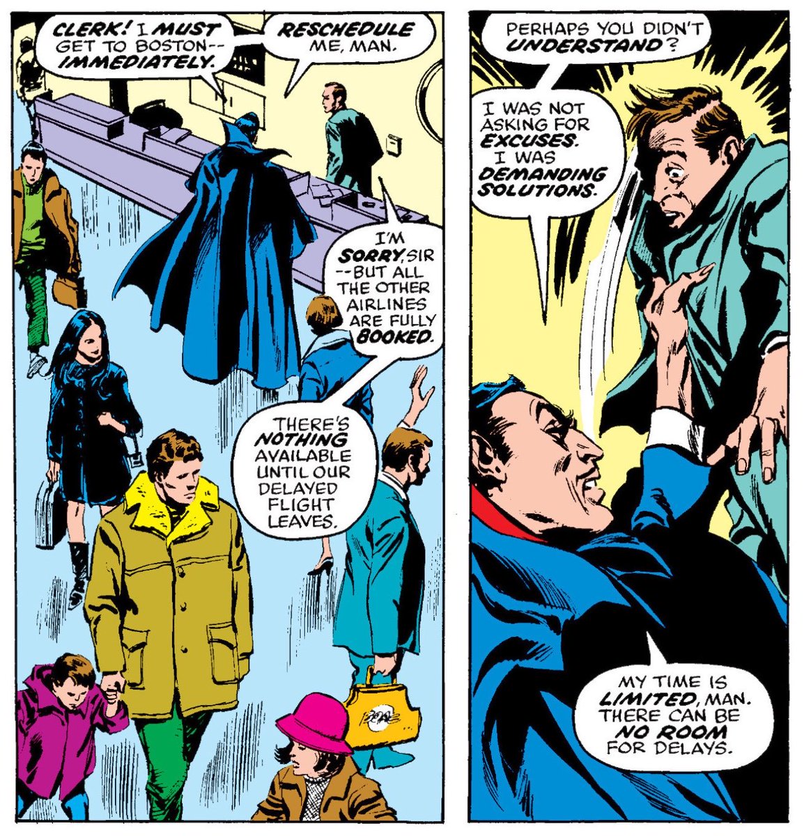 Darren_Mooney's tweet photo. Revisiting Wolfman and Colan’s “Tomb of Dracula”, and love that there - in bringing Dracula to the modern world - is an entire issue about Dracula getting pissed off at having  to deal with seventies air travel.

(Tomb of Dracula #36.) https://t.co/rOQl9ccXe0